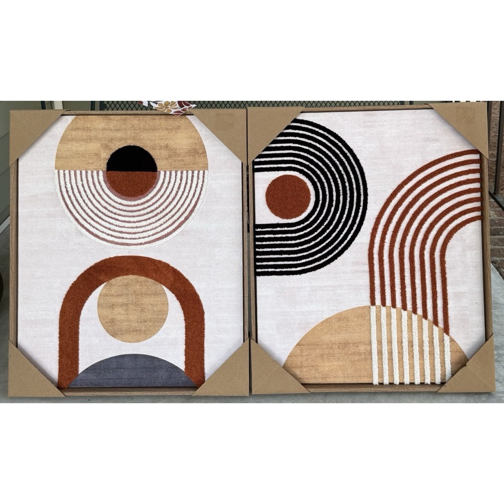 BP Home Woven Artistry Framed Wall Art Mid Century Modern Boho Set Geometric New